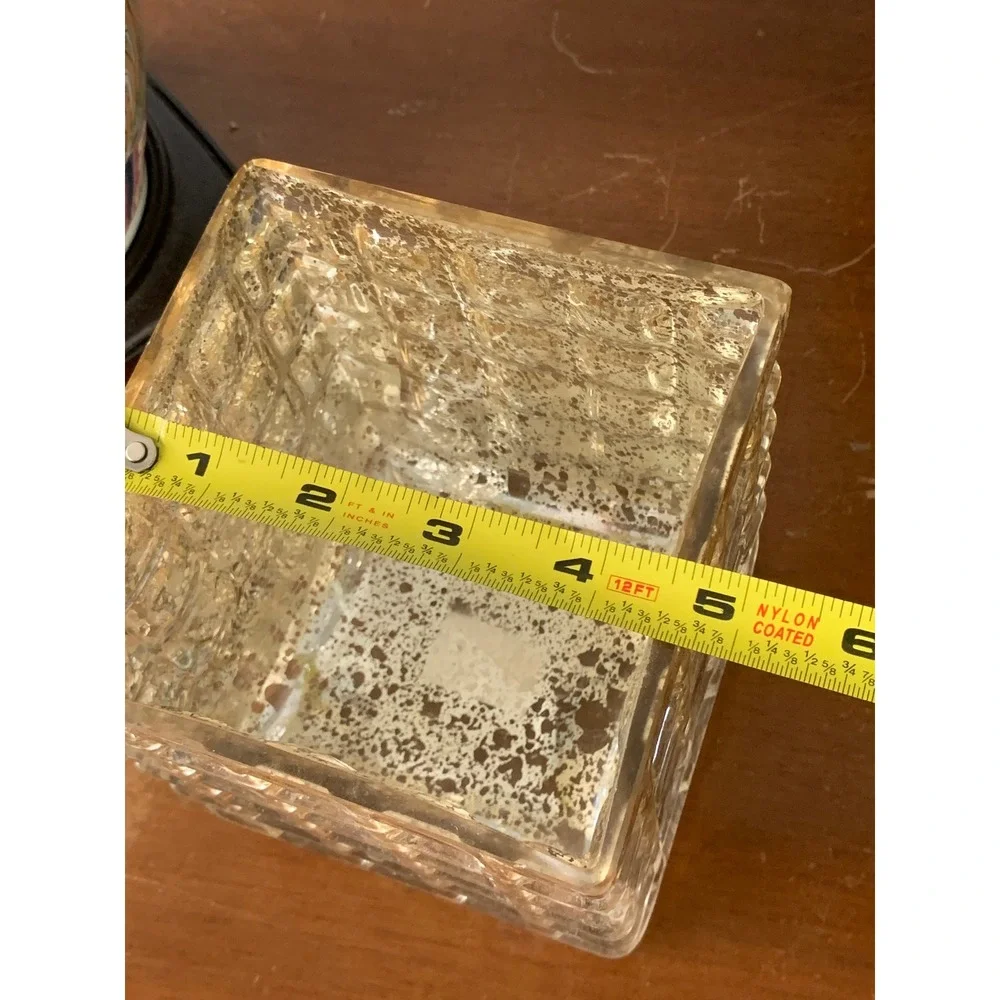 Mercury Glass Gold Square Waffle Grid Candle Holder Vase Hollywood Regency 4.5in